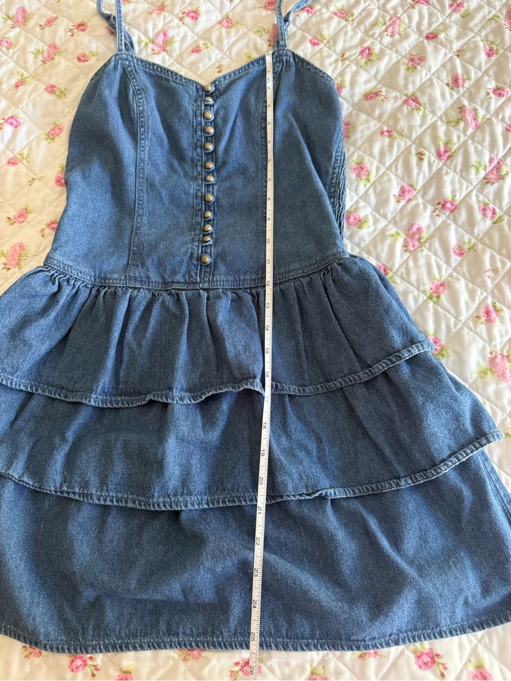 Blue denim mini dress with ruffled tiers and button-up front, size M - Picture 3 of 5